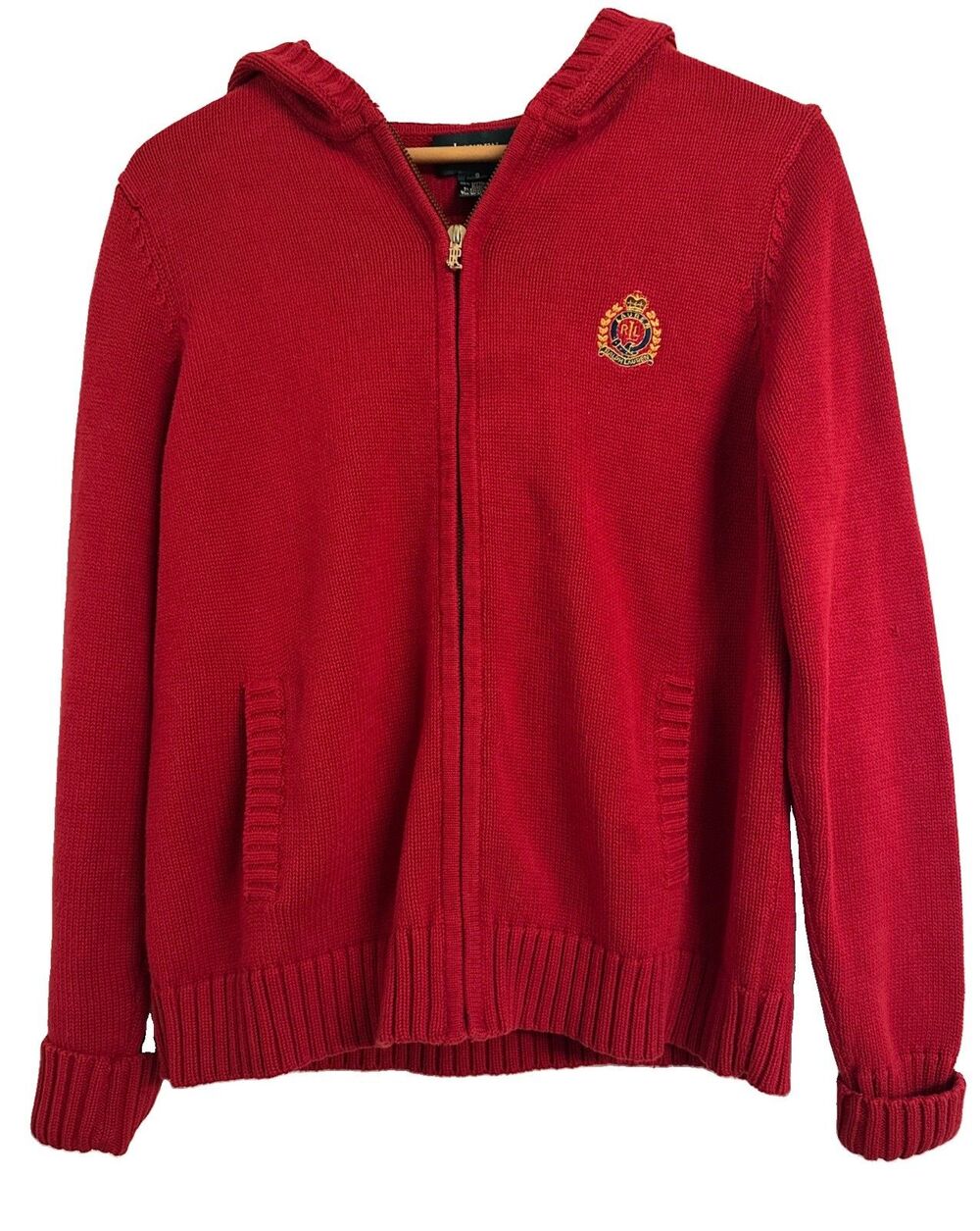 Lauren Ralph Lauren Red Sweater Hooded Y2kVTG 90s Crest Full Zip Knit Small